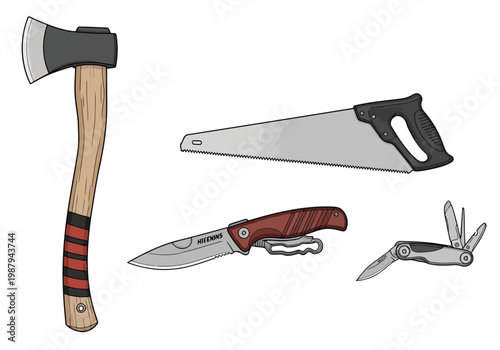 Collection of essential outdoor and survival tools displayed together