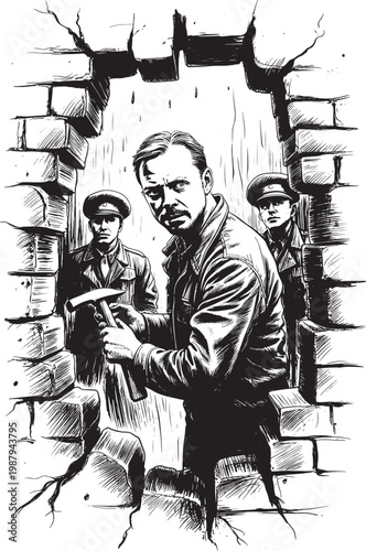 vintage war soldier examining map with troops in brick ruins black and white