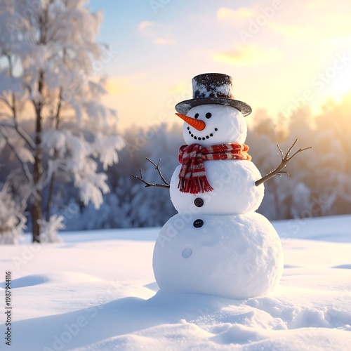 A cheerful snowman with a top hat, scarf, and twig arms stands in a snowy landscape with a winter sunset