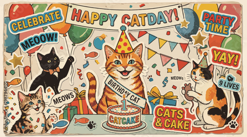 Happy Cat Day Birthday Celebration with Cute Cats, Cake, and Balloons