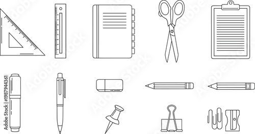 School and Office Stationery Icon Set with Ruler, Notebook, Scissors, Pen, Pencil and Clip Outline Vector Illustration