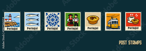 Collection of vintage style Portugal postage stamp illustrations featuring sardines, azulejo tiles, Lisbon yellow tram, pastel de nata, traditional folk costumes, coffee, and lighthouse and ect.