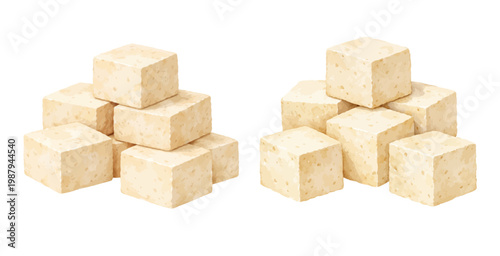 A charming watercolor collection of tofu cubes arranged in neat stacks featuring soft textured soy blocks in a natural food illustration style