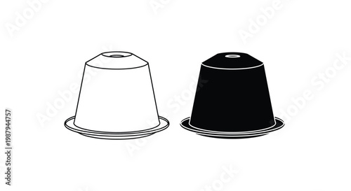 A stark black and white illustration depicts two coffee capsules side by side showcasing contrasting tones