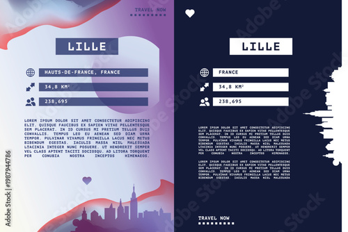 Lille, France vector infographics, brochure layout set. Guide, leaflet, flyer, graphic templates with text, information, data, city skyline shape. Mock up, copy space images series