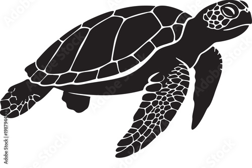 Black silhouette of a sea turtle swimming isolated on a white background, stylized illustration