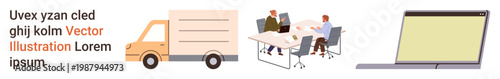 Business workflow, logistics, teamwork, remote work, technology, communication. Illustration a delivery truck, office meeting and laptop. Logistics and teamwork concepts