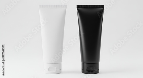 Black and white cosmetic tubes on white background
