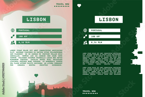 Lisbon, Portugal vector infographics, brochure layout set. Guide, leaflet, flyer, graphic templates with text, information, data, city skyline shape. Mock up, copy space images series