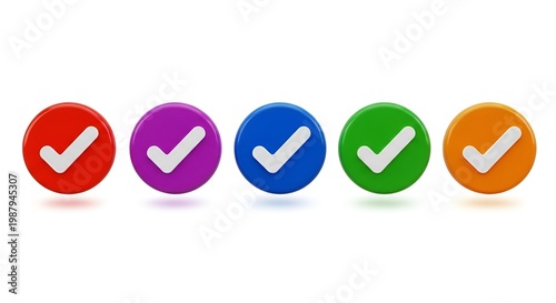 Five colorful checkmark buttons in a row on white background