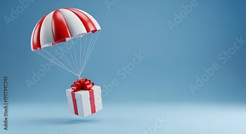 Gift box with parachute flying in the air on blue background