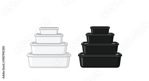 A comparison of black and white plastic food containers stacked in descending size order