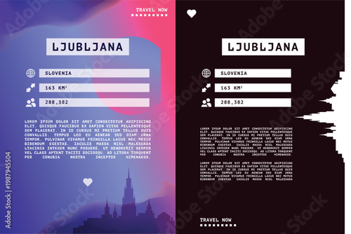 Ljubljana, Slovenia vector infographics, brochure layout set. Guide, leaflet, flyer, graphic templates with text, information, data, city skyline shape. Mock up, copy space images series