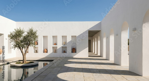 A tranquil courtyard with a central olive tree surrounded by a shallow pool, white walls with arched openings, and niches displaying pottery and sculptures under a clear blue sky.