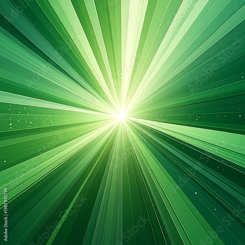 An abstract illustration featuring a vibrant burst of green light emanating from a central bright point, radiating outwards