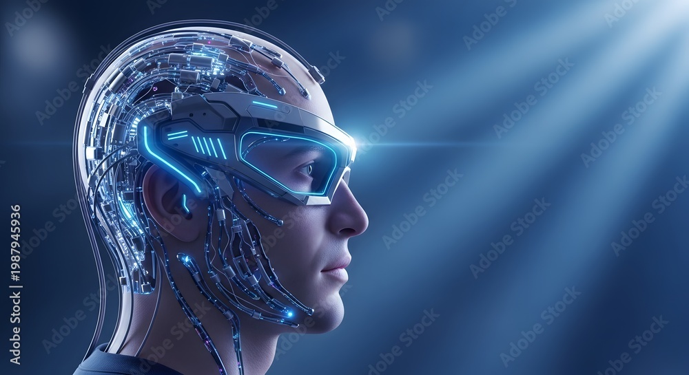 Obraz premium Futuristic man's head with glowing cybernetic visor and brain implants, tech concept