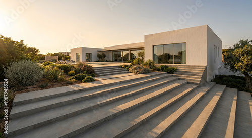 A modern white villa with large windows and concrete stairs leading to the entrance, surrounded by lush greenery and trees, bathed in the warm glow of the setting sun.