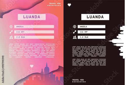 Luanda, Angola vector infographics, brochure layout set. Guide, leaflet, flyer, graphic templates with text, information, data, city skyline shape. Mock up, copy space images series