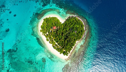 Aerial view of heart-shaped tropical island in turquoise ocean.
