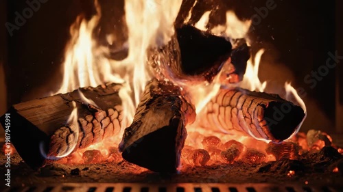 Cozy Burning Fireplace with Glowing Fire and Wood Logs Close-Up Warm Atmosphere Background