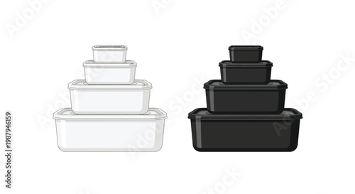 A set of stackable food storage containers are displayed in black and white variations