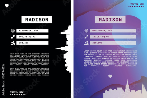 Madison, Wisconsin USA vector infographics, brochure layout set. Guide, leaflet, flyer, graphic templates with text, information, data, city skyline shape. Mock up, copy space images series