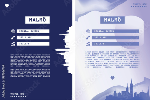 Malmo, Sweden vector infographics, brochure layout set. Guide, leaflet, flyer, graphic templates with text, information, data, city skyline shape. Mock up, copy space images series
