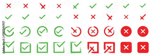 Grunge vector check mark and cross element. Grunge green check mark and red cross mark icon set. Grunge brush style check mark and cross icon set. Vector
