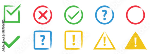 Grunge vector check mark and cross element. Grunge green check mark and red cross mark icon set. Grunge brush style check mark and cross icon set. Vector