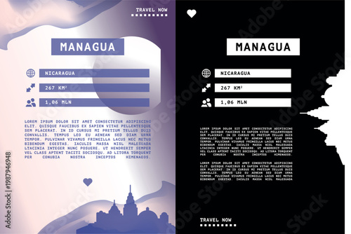 Managua, Nicaragua vector infographics, brochure layout set. Guide, leaflet, flyer, graphic templates with text, information, data, city skyline shape. Mock up, copy space images series