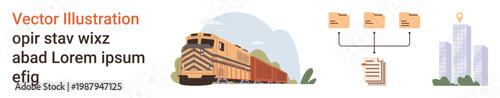 Logistics, freight transport, system management, digital organization, urban planning, data flow. Freight train, file sharing diagram city building. Logistics and freight transport
