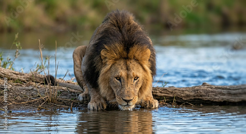 Fotografie Majestic male African lion drinking water from a river while looking directly at