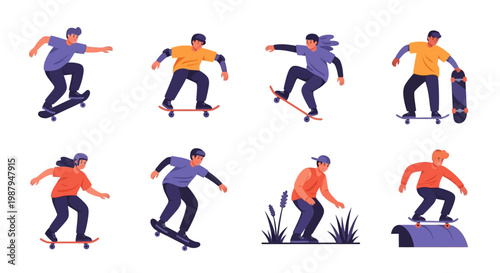 Skateboarders performing tricks, diverse group of people skateboarding in action