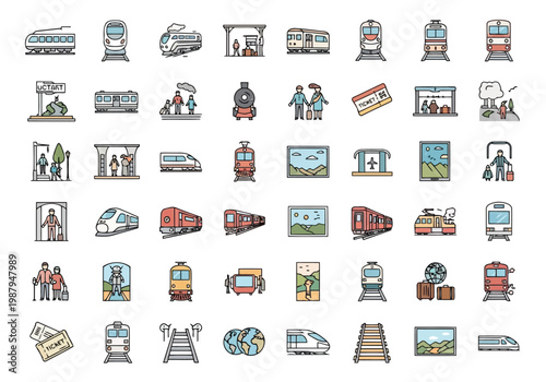 Diverse icons depicting various train station elements and transportation modes