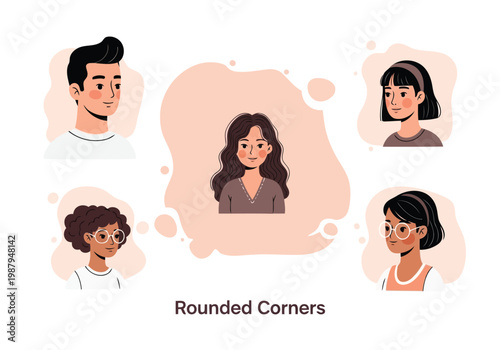 Illustration of diverse characters with rounded corners effect applied to one portrait
