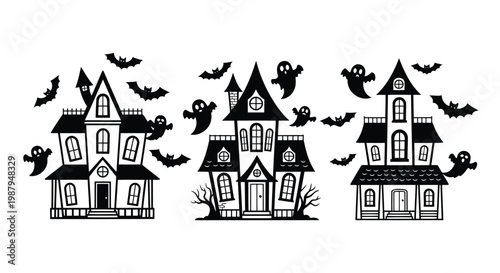 Haunted trio of gothic houses with ghostly and bat decorations for halloween