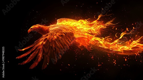 An eagle-like creature made of fire soars with wings outstretched against a dark void.