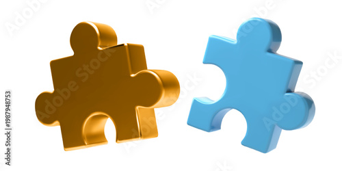 Golden and blue 3D puzzle piece on white bg. Perspective render icon. Solve logic task, assemble jigsaw fragment. Realistic vector part of tech constructor, creative idea task and compatibility plan