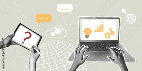 Digital communication and problem solving concept. Trendy halftone collage. A person uses a tablet to write a question and a computer to process data. Analytical research using technology, business