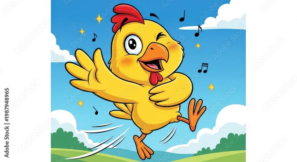 Fototapeta premium Cheerful Cartoon Chicken Dancing Happily in the Sunny Sky.