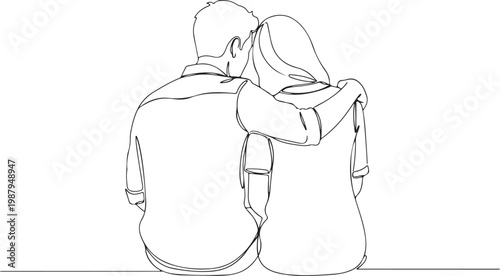 Couple Sitting Together, Embrace, Vector Illustration, Line Art, Love and Relationship Concept
