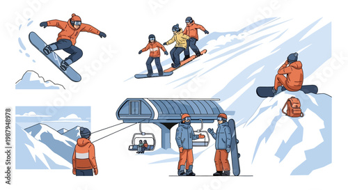 Snowboarding montage: jumping, riding, waiting at ski lift, enjoying mountain scenery