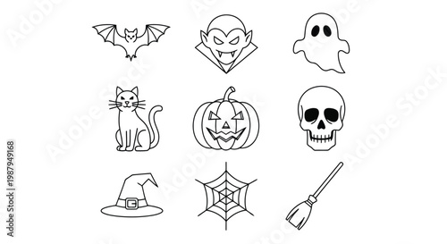 Classic halloween symbols illustrated in simple line art