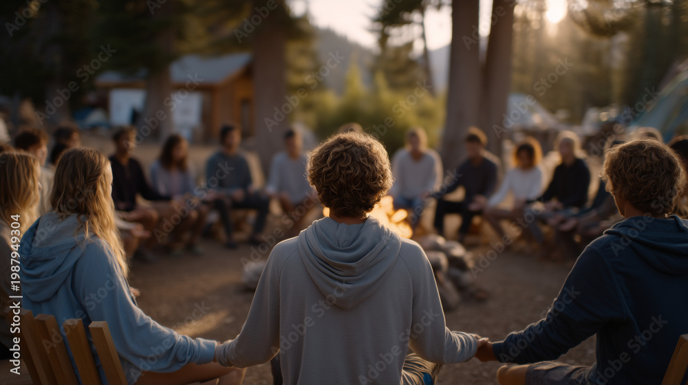 Fototapeta premium A mixed-age multicultural group seated in a circle on camp chairs around a morning fire, hands around mugs, meditation practice scheduled on a whiteboard propped on a tree, camp mindfulness morning 