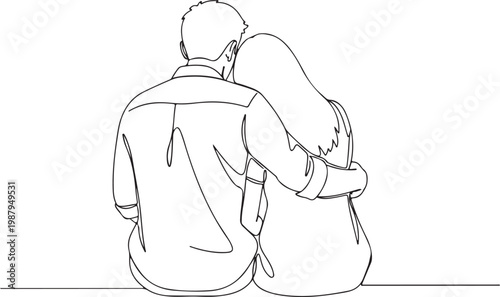Continuous line drawing, couple sitting together, love, relationship, minimalist illustration