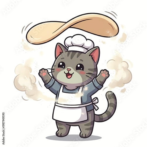 Cute Kawaii Cat Chef Tossing Pizza Dough Wearing Apron and Baker Hat - Chibi Gray Kitten Pizza Maker Cartoon Illustration