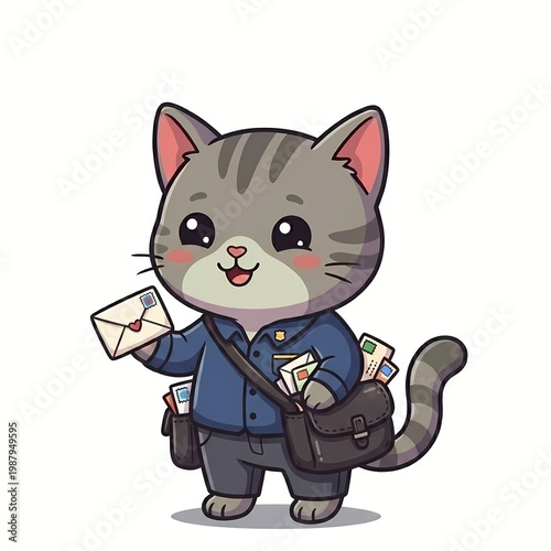 Cute Kawaii Cat Postman Wearing Mail Carrier Uniform Holding Envelopes - Chibi Gray Kitten Mailman Cartoon Illustration