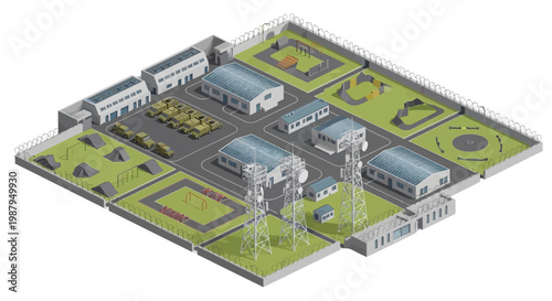 Seen from above, this 3D isometric military base illustration features barracks, helipad, tank park, and watchtowers within the vector design, providing a detailed depiction of a secure