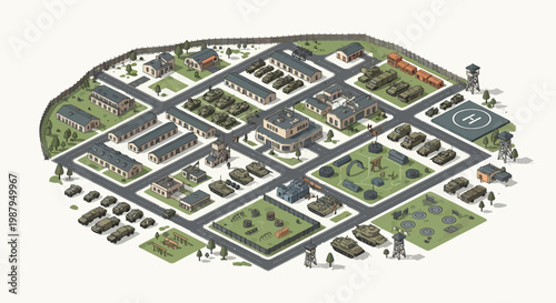 A detailed 3D isometric military base illustration depicts numerous buildings, vehicles, and defenses arranged in a structured layout, representing a fortified and organized military