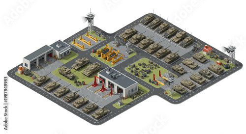 This 3D isometric military vector illustration shows a contemporary military base, complete with tanks, maintenance facilities, and security towers, providing a detailed overview